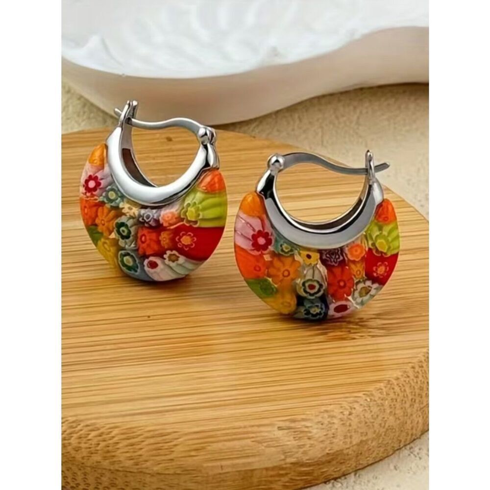 Boho-Inspired Glass Dangle Earrings Vibrant Floral & Bead Design Stainless Steel